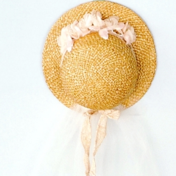 Flower Girl Straw Hat Floral Tulle Lace Farm Prairie Ranch Western Wedding Derby - Picture 6 of 6